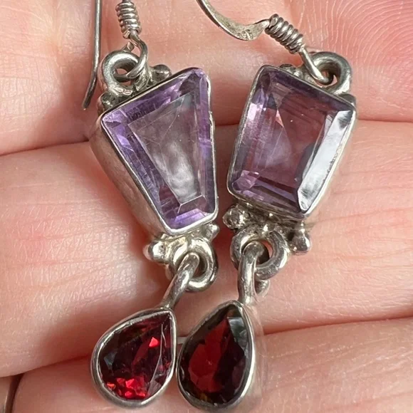 VINTAGE AMETHYST GARNET DROP DANGLE LONG EARRING925 STERLING SILVER UNIQUE CUT